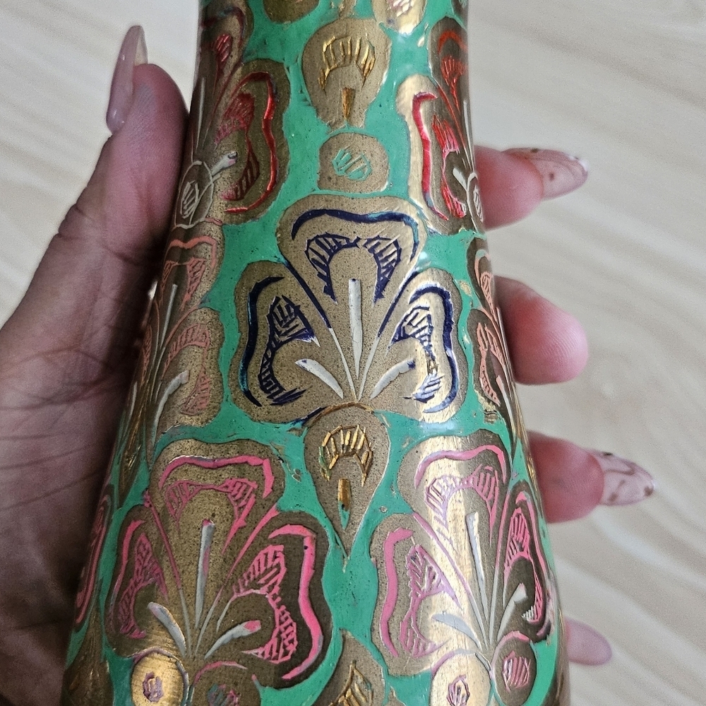 Antique Decorative Brass Floral Vase 9" - Picture 7 of 10